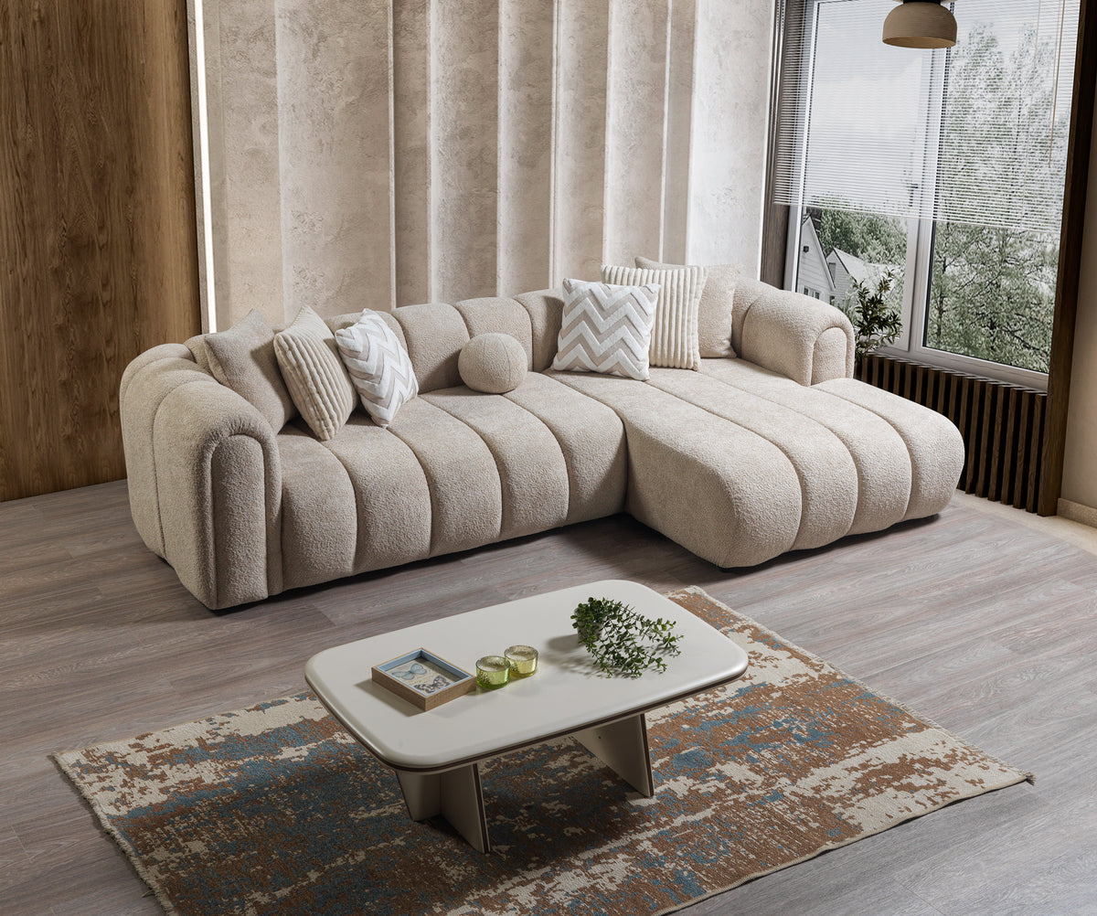 Detail view of boucle fabric on Elly Sand RAF sectional