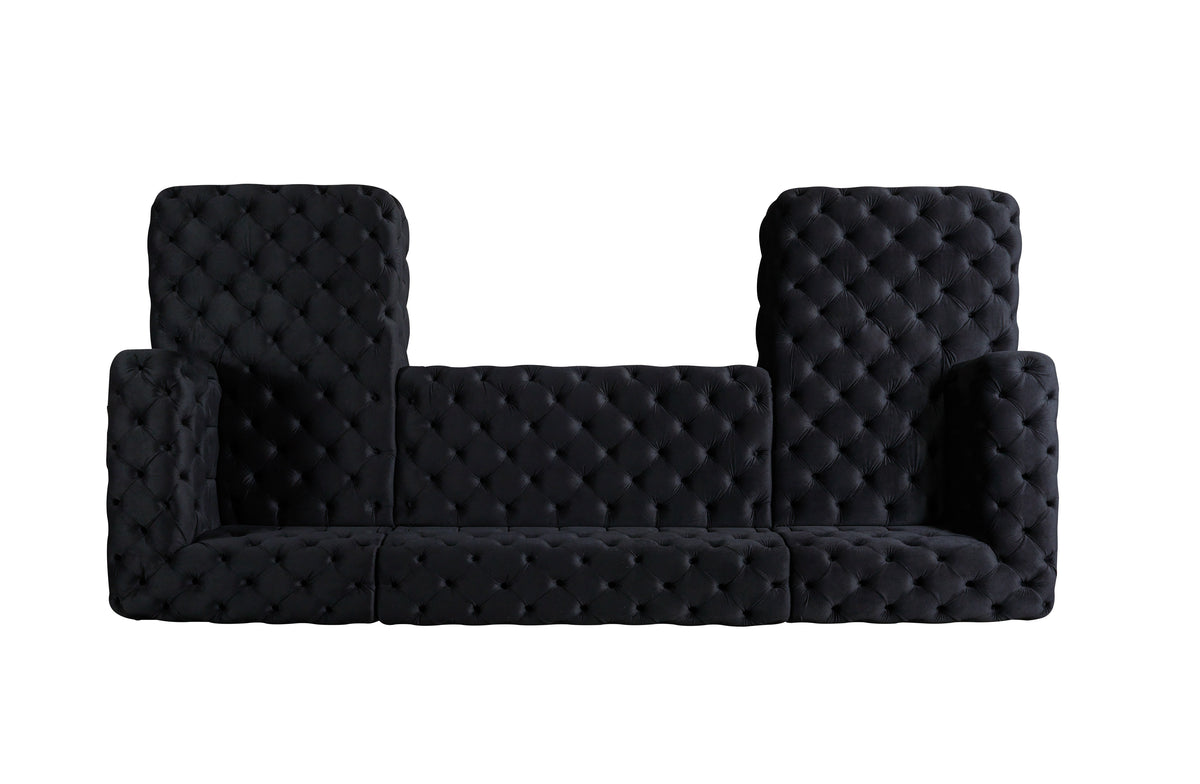 side perspective of Seva Black Velvet Double Chaise Sectional sofa