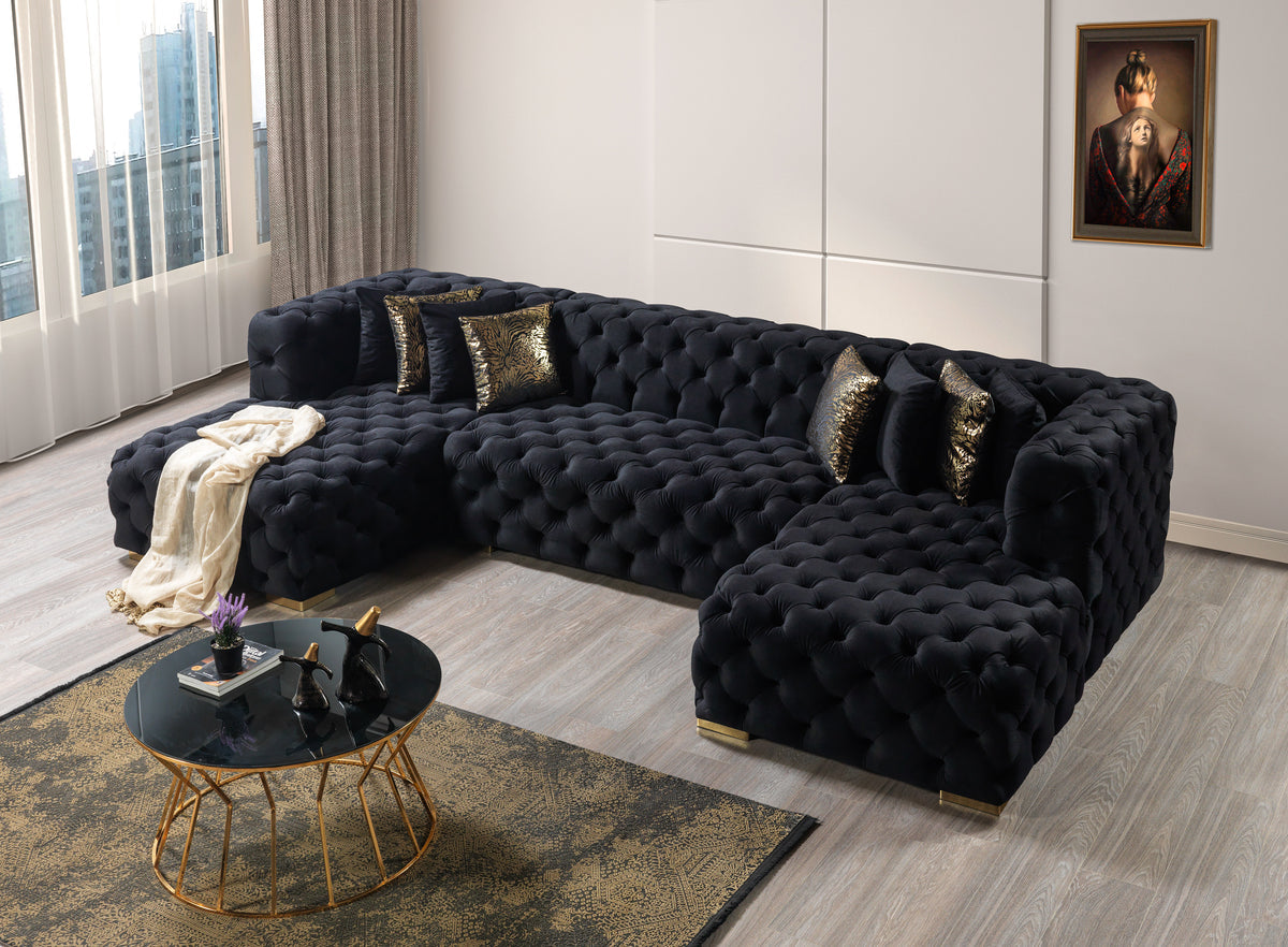 close-up detail of velvet upholstery on Seva Black Velvet Double Chaise Sectional sofa