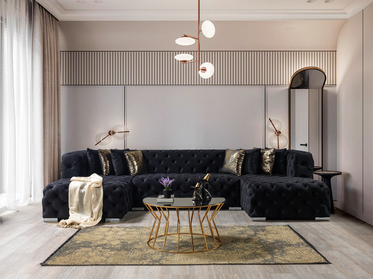 side view of Seva Black Velvet Double Chaise Sectional sofa