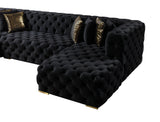wide room view featuring Seva Black Velvet Double Chaise Sectional sofa