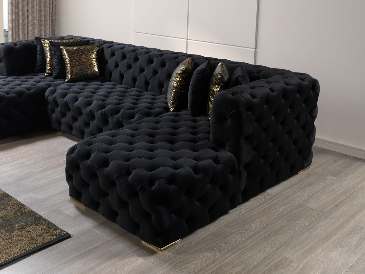room view showing Seva Black Velvet Double Chaise Sectional in living space