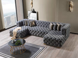 Close detail of gray velvet upholstery on Seva sectional