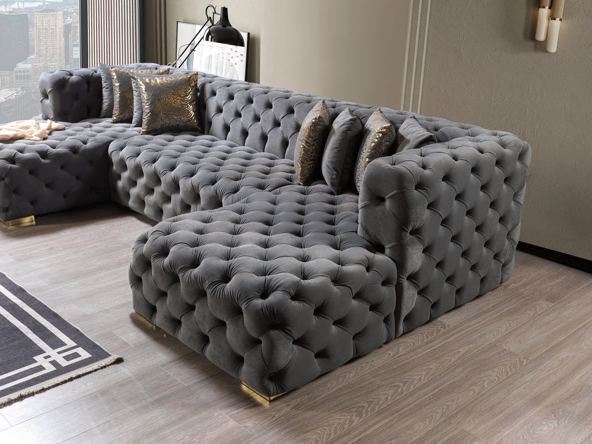 Side profile of Seva Gray Velvet Double Chaise Sectional