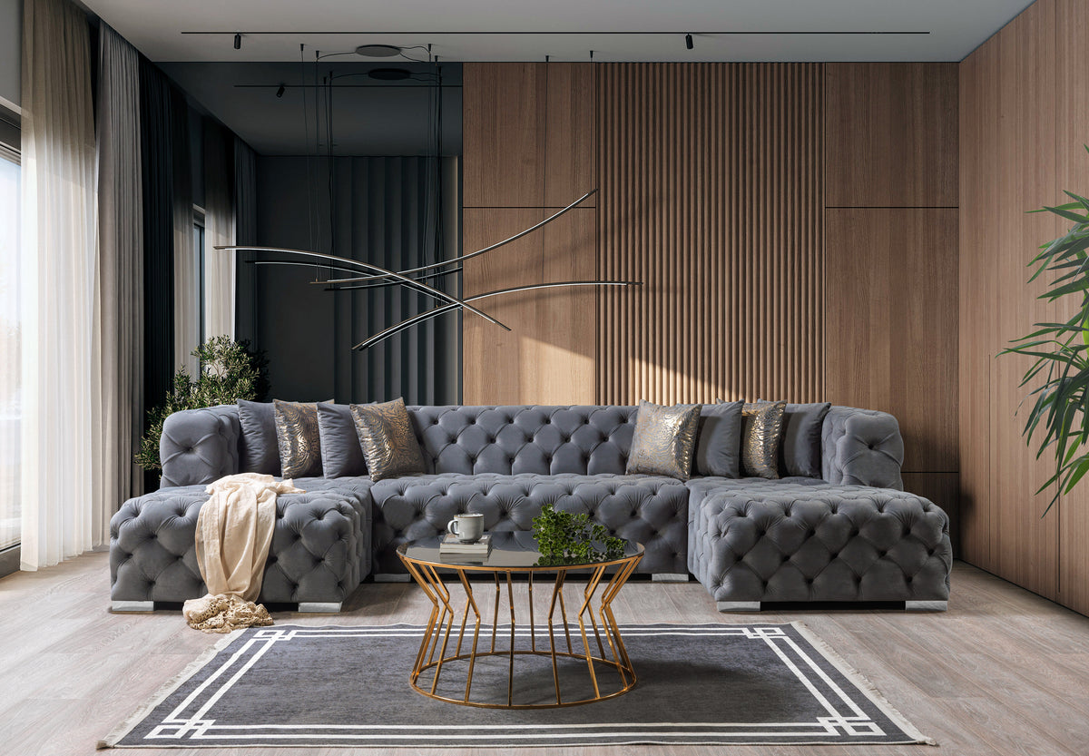 Side view of Seva Gray Velvet Double Chaise Sectional sofa