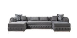 Main front view of gray velvet sectional sofa