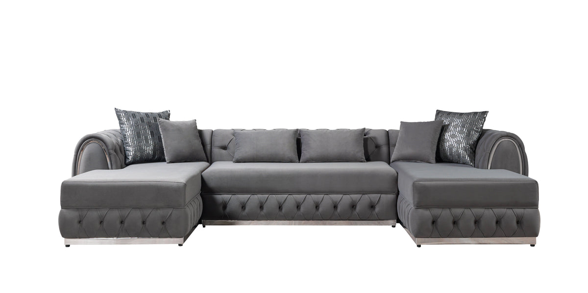 Main front view of gray velvet sectional sofa