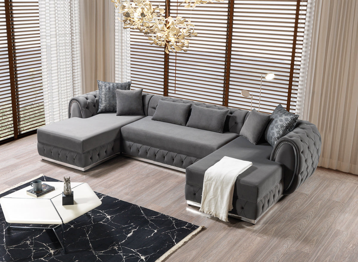 Close-up detail of gray velvet upholstery