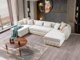detail of ivory velvet upholstery on sectional sofa