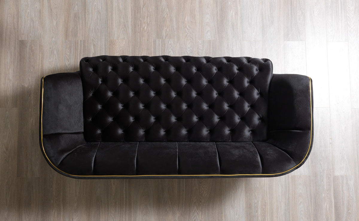 Jenny black velvet sofa and loveseat set front view