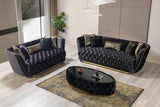 Close-up detail of black velvet upholstery on Jenny sofa