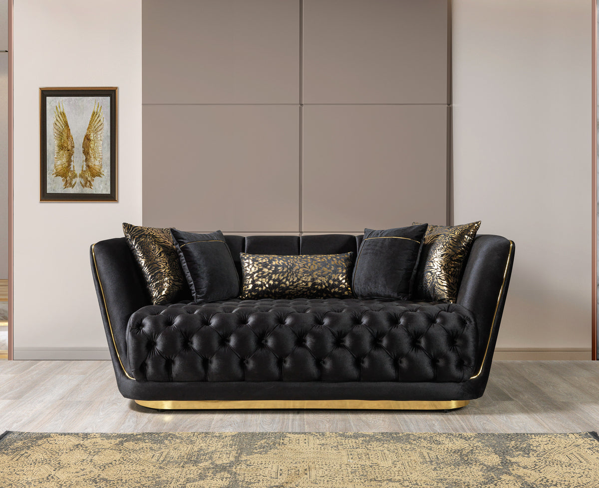 Side view of Jenny loveseat showing velvet fabric
