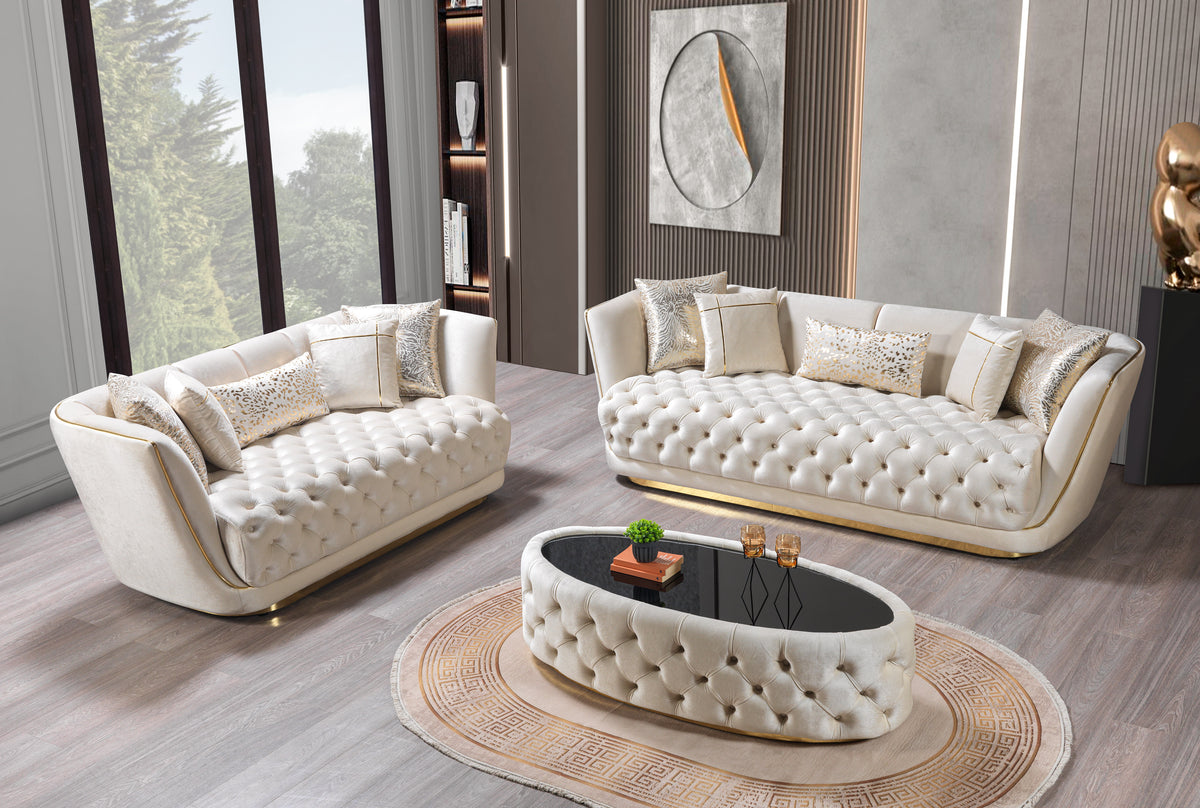 detail of ivory velvet upholstery on sofa