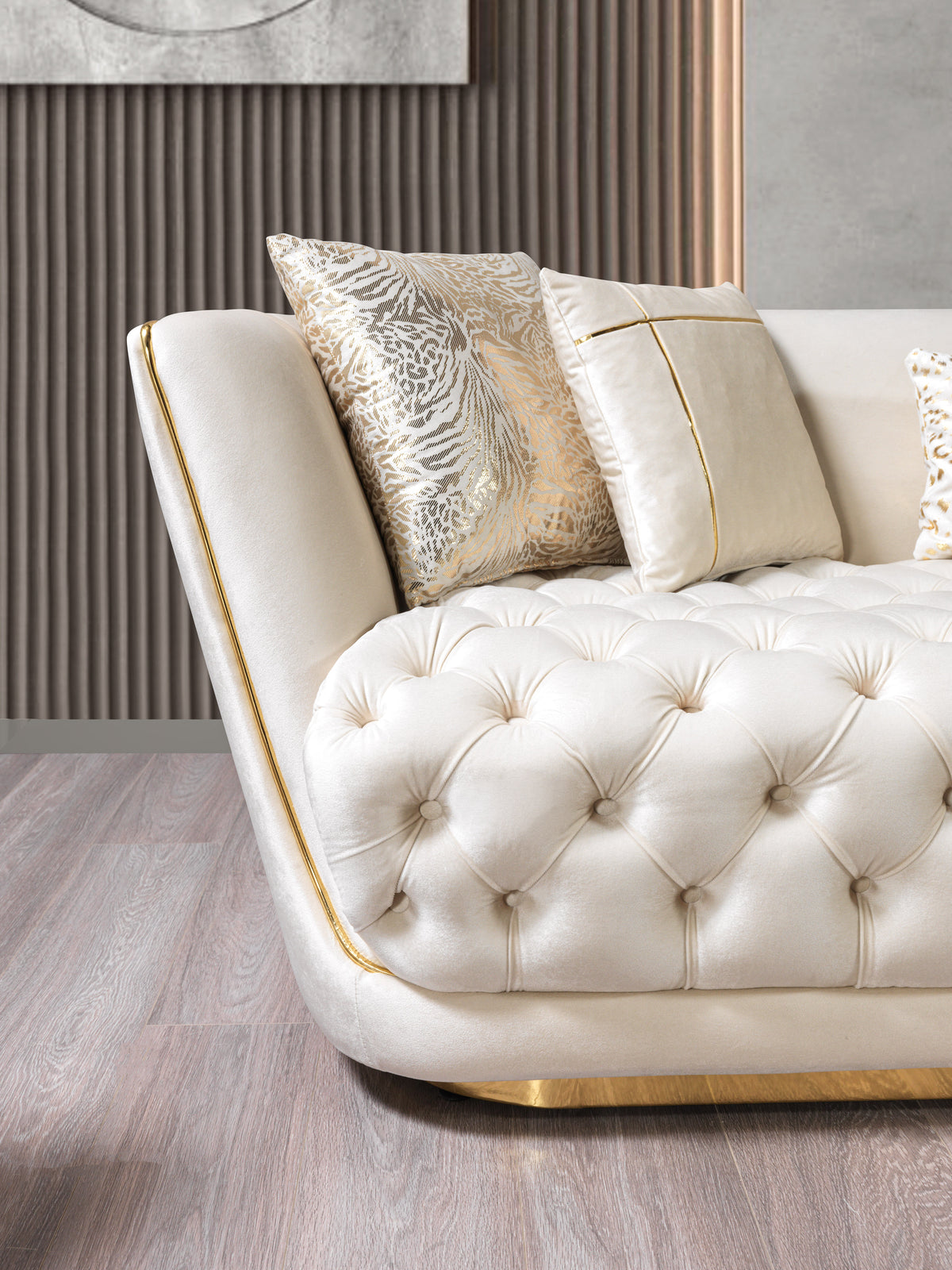 front angle of ivory velvet sofa and loveseat