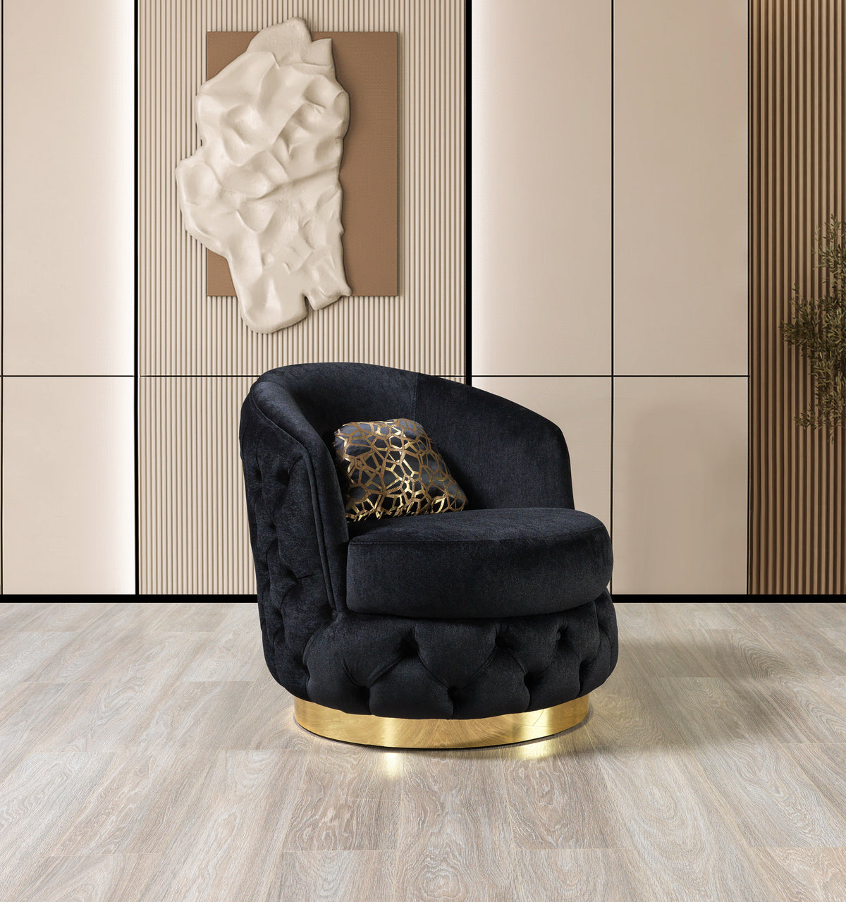 Front view of Scarlett Black Velvet Accent Chair upholstered in smooth black velvet