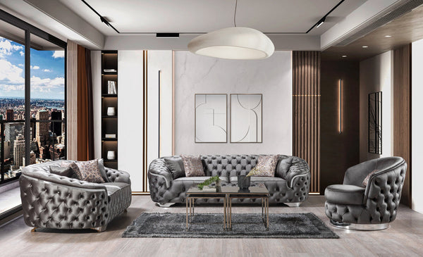 main view of Scarlett Gray Velvet Sofa and Loveseat set