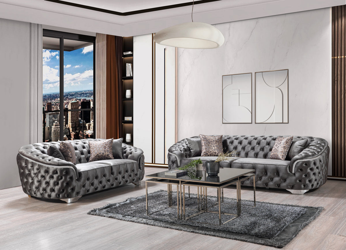 side view of Scarlett Gray Velvet Sofa and Loveseat set