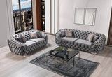 close-up detail of gray velvet upholstery on Scarlett Sofa and Loveseat