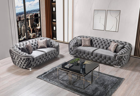 close-up detail of gray velvet upholstery on Scarlett Sofa and Loveseat