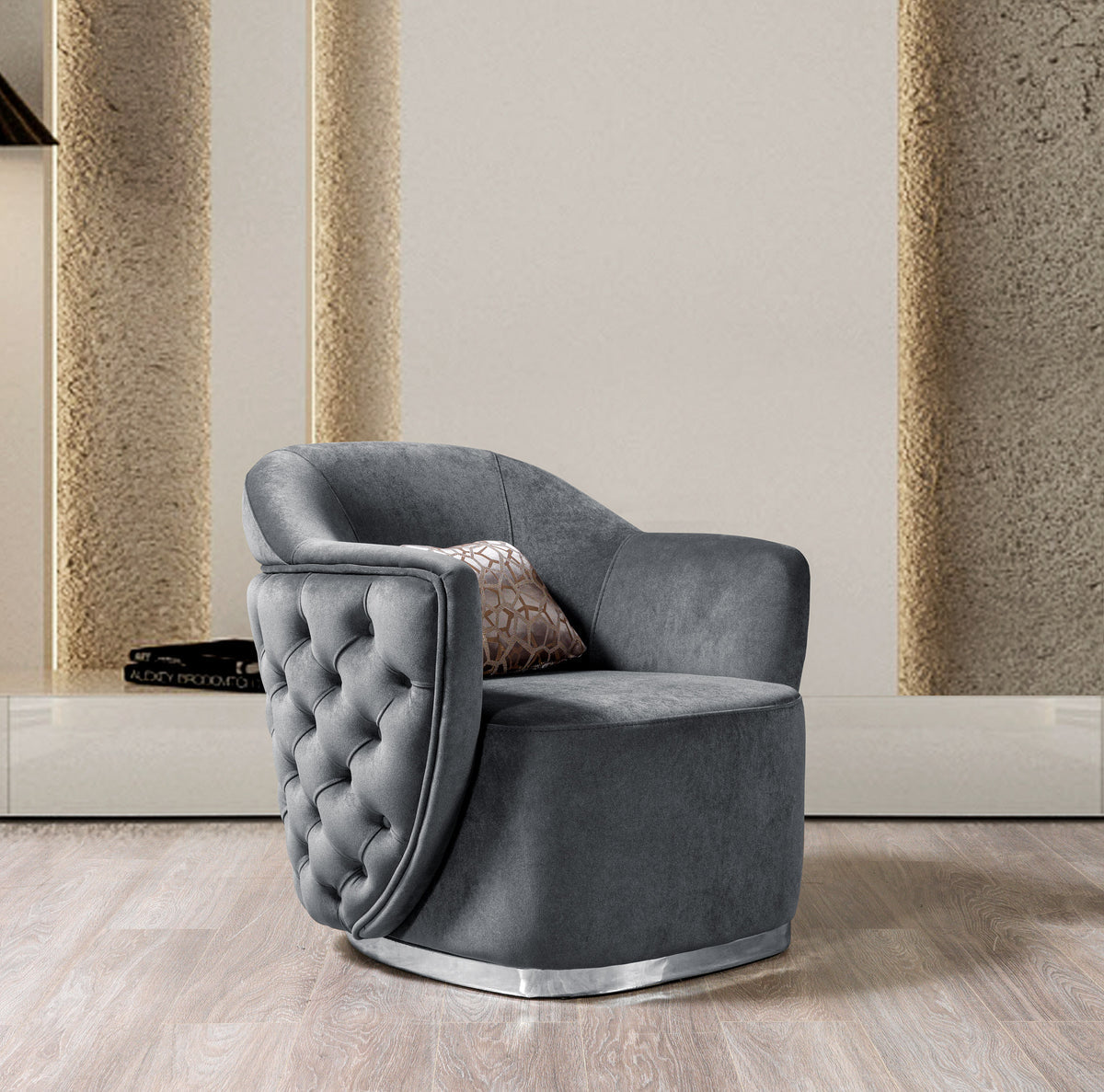 Chloe Gray Velvet Armchair front view showing plush seat