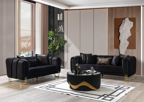 Side view of Ella Black Velvet Sofa and Loveseat