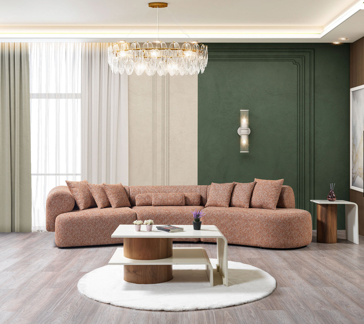 main view of Esmeralda Orange Boucle 3-Piece Curved Sectional sectional sofa