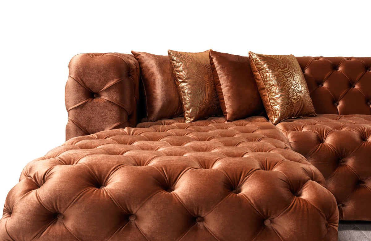 Seva Orange Velvet Double Chaise sectional main seating area close-up