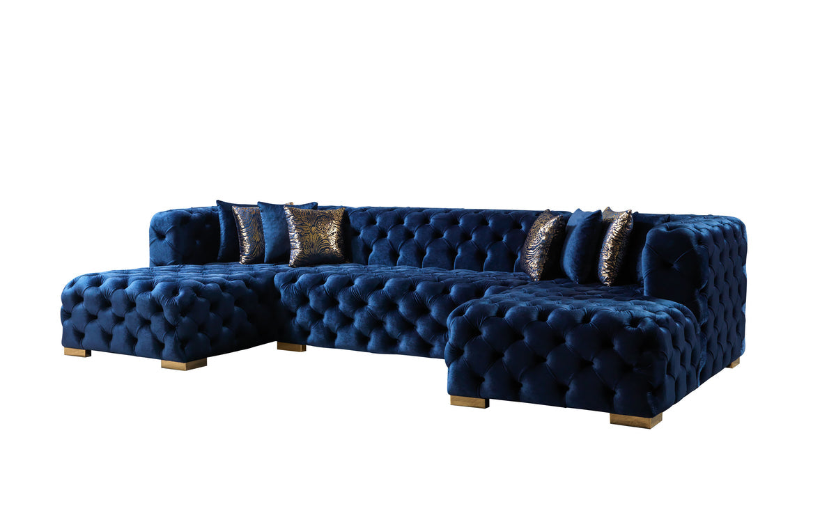 Seva Blue Velvet Double Chaise 138" sectional sofa close upholstery view