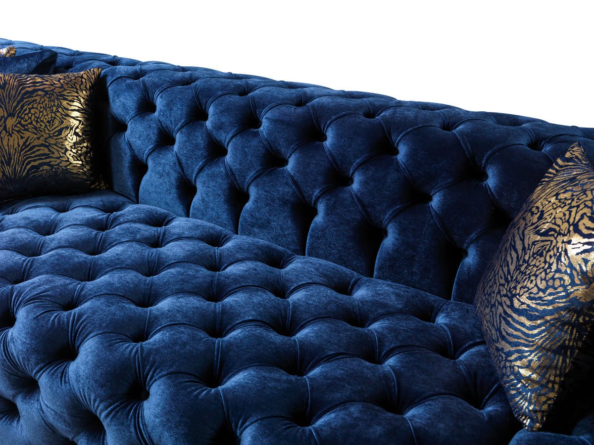 Seva Blue Velvet Double Chaise 138" sectional sofa close detail