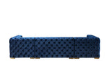 Seva Blue Velvet Double Chaise 138" sectional sofa close armrest view
