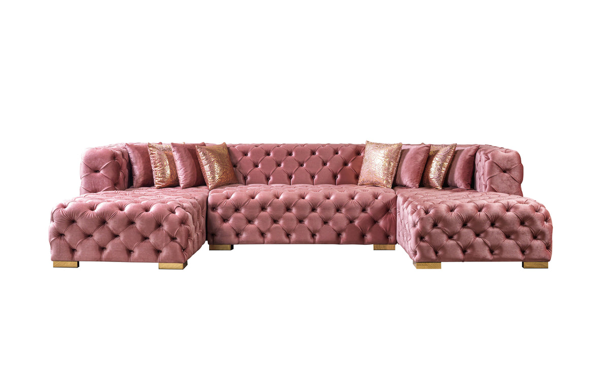 Side profile of Seva Pink Velvet Double Chaise 138" Sectional sofa