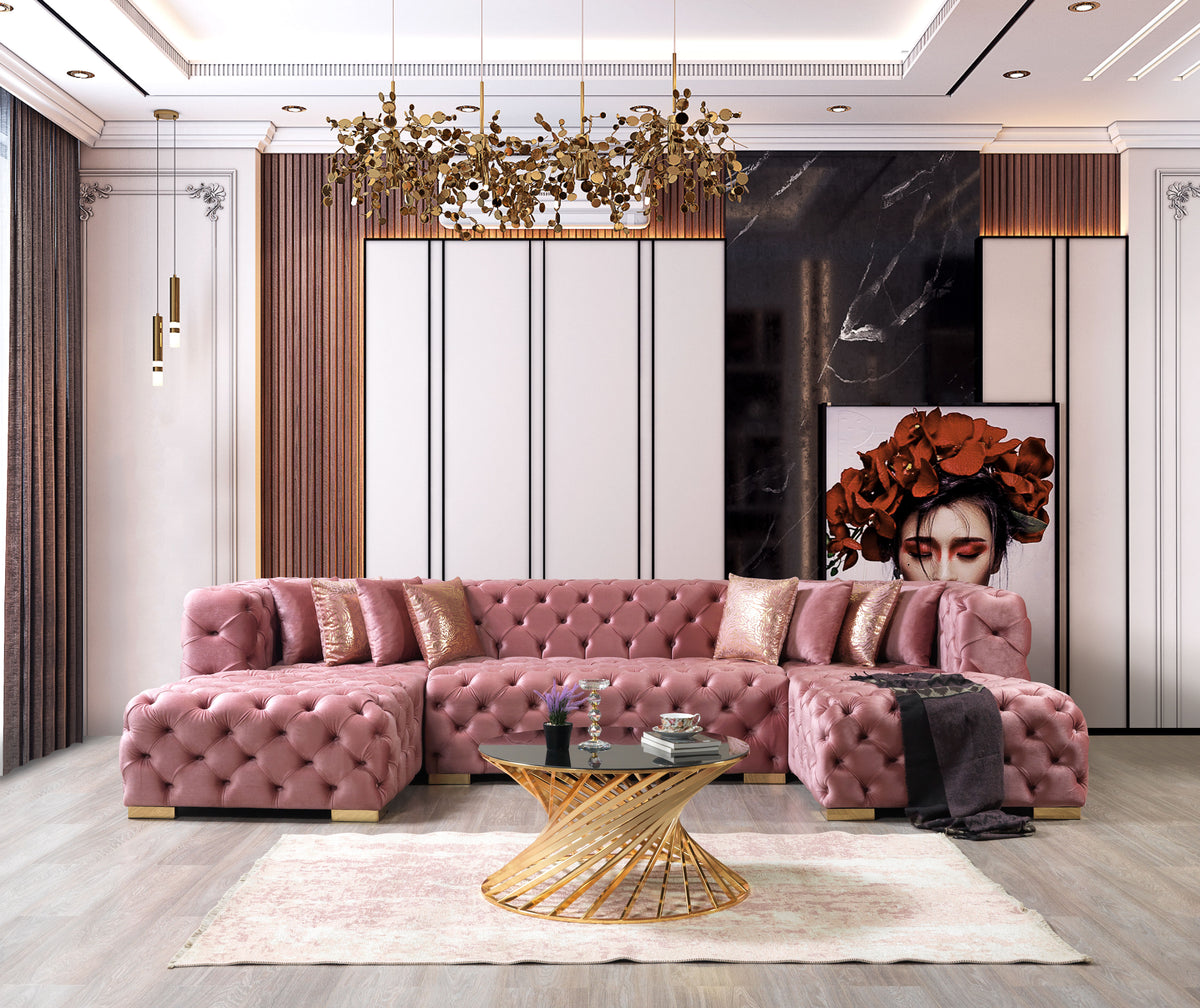 Seva Pink Velvet Double Chaise 138" Sectional sofa front view
