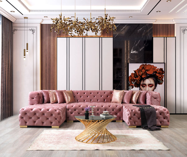 Seva Pink Velvet Double Chaise 138" Sectional sofa front view