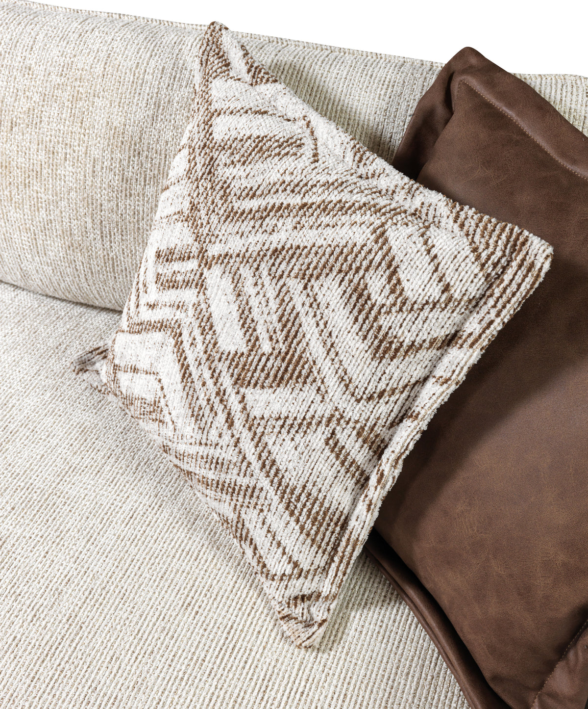 Living room setting with Alexis Ivory Linen 3-piece sectional and ottoman