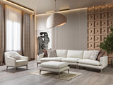 Side angle showing curved design of Alexis Ivory Linen sectional sofa