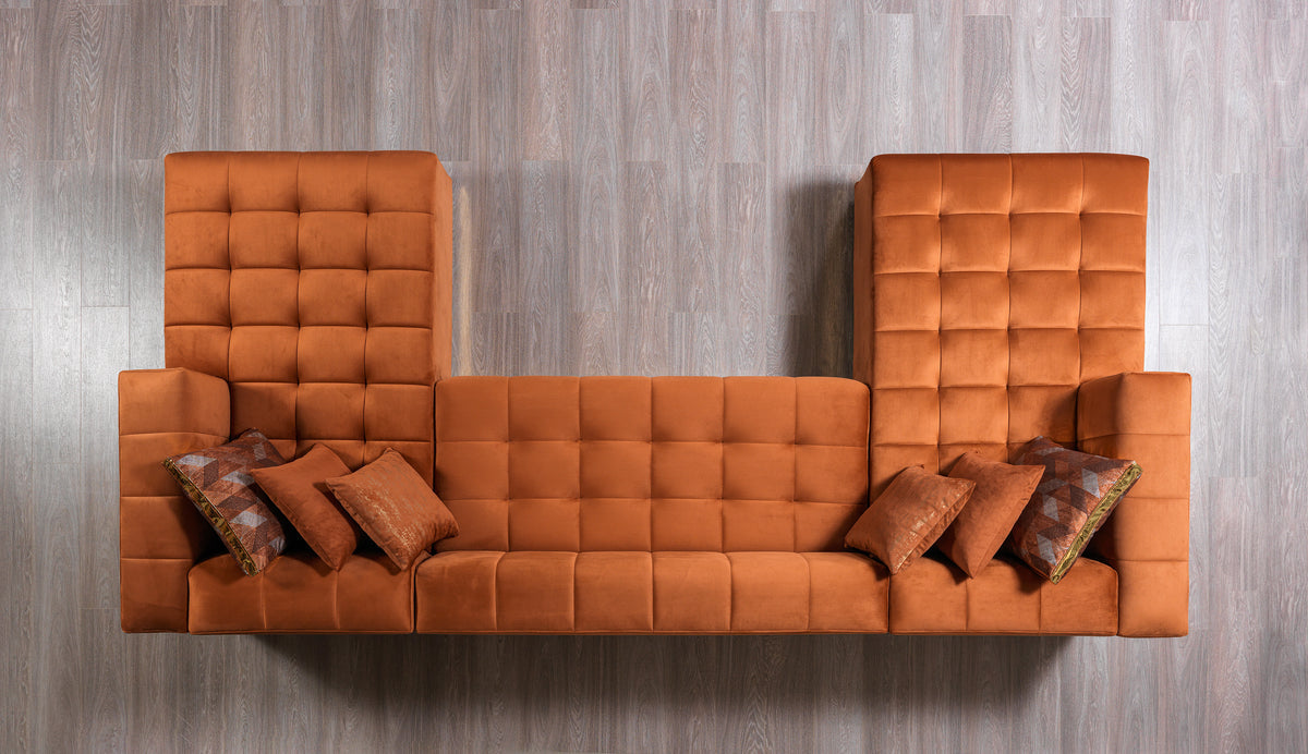 Room setup featuring Amelia Orange Velvet Double Chaise 140" Sectional Sofa