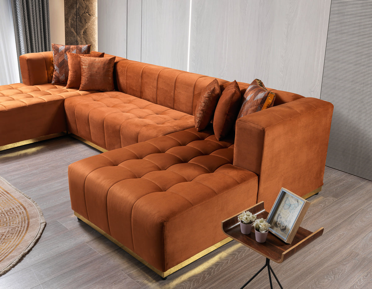 Living room view with Amelia Orange Velvet Double Chaise 140" Sectional Sofa