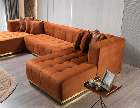Living room view with Amelia Orange Velvet Double Chaise 140" Sectional Sofa