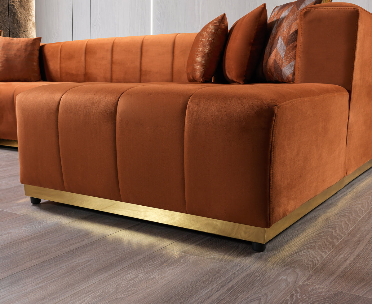 Side view of Amelia Orange Velvet Double Chaise 140" Sectional Sofa