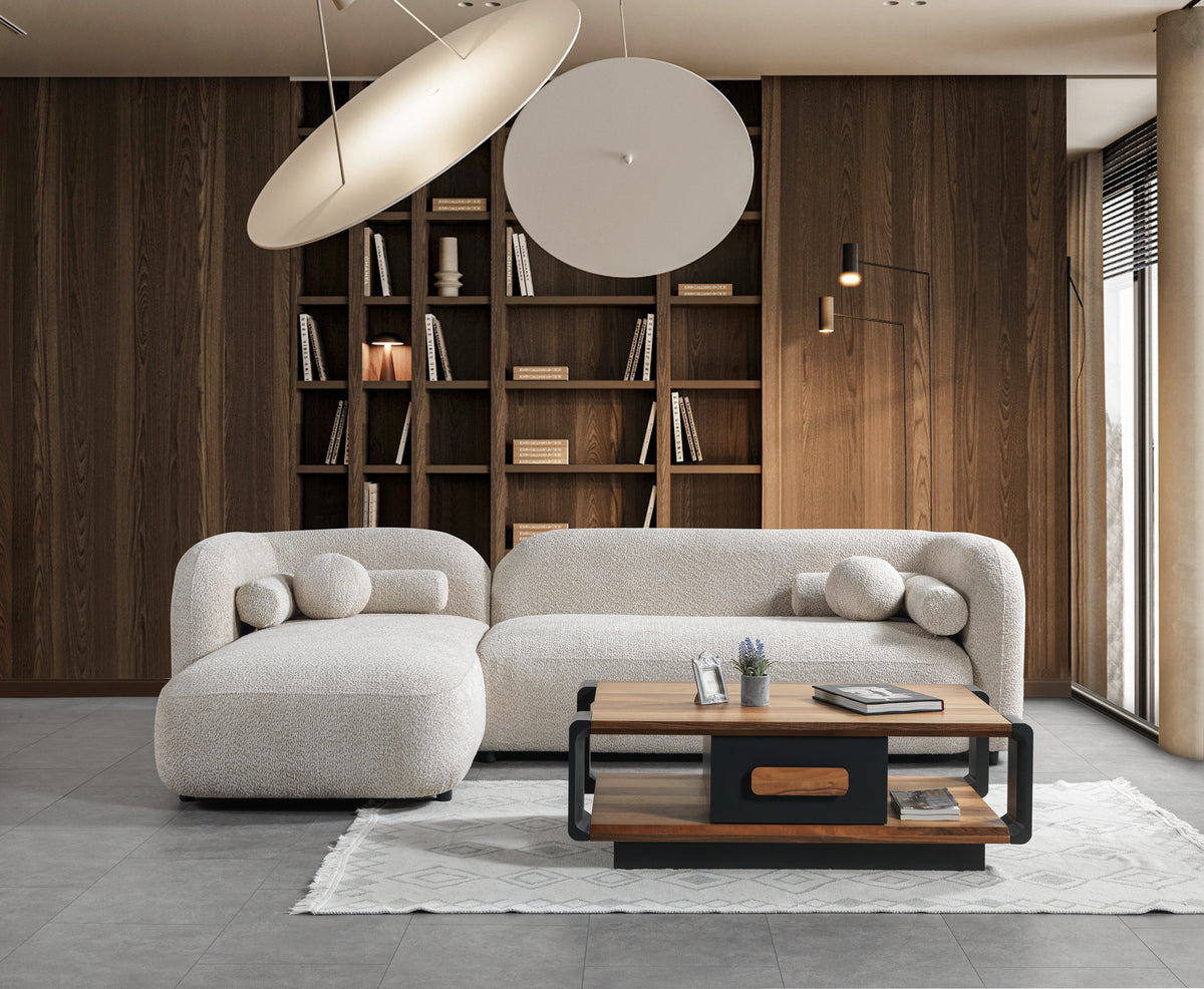 room view featuring Hanna Sand Bouclé LAF sectional sofa