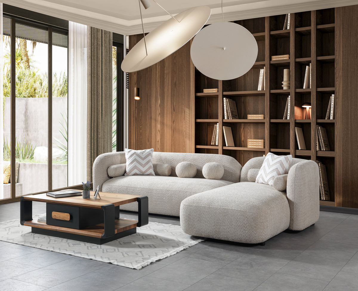 detail view of Hanna Sand Boucle RAF 110" Sectional sectional sofa