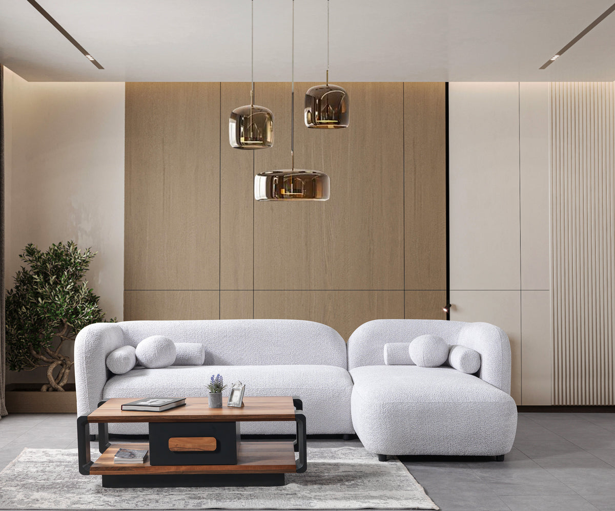 Room view featuring Hanna Gray Boucle RAF 110" Sectional sofa