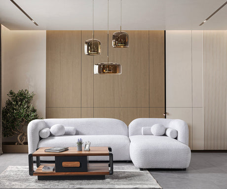 Room view featuring Hanna Gray Boucle RAF 110" Sectional sofa