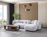 Detail view showing boucle upholstery texture