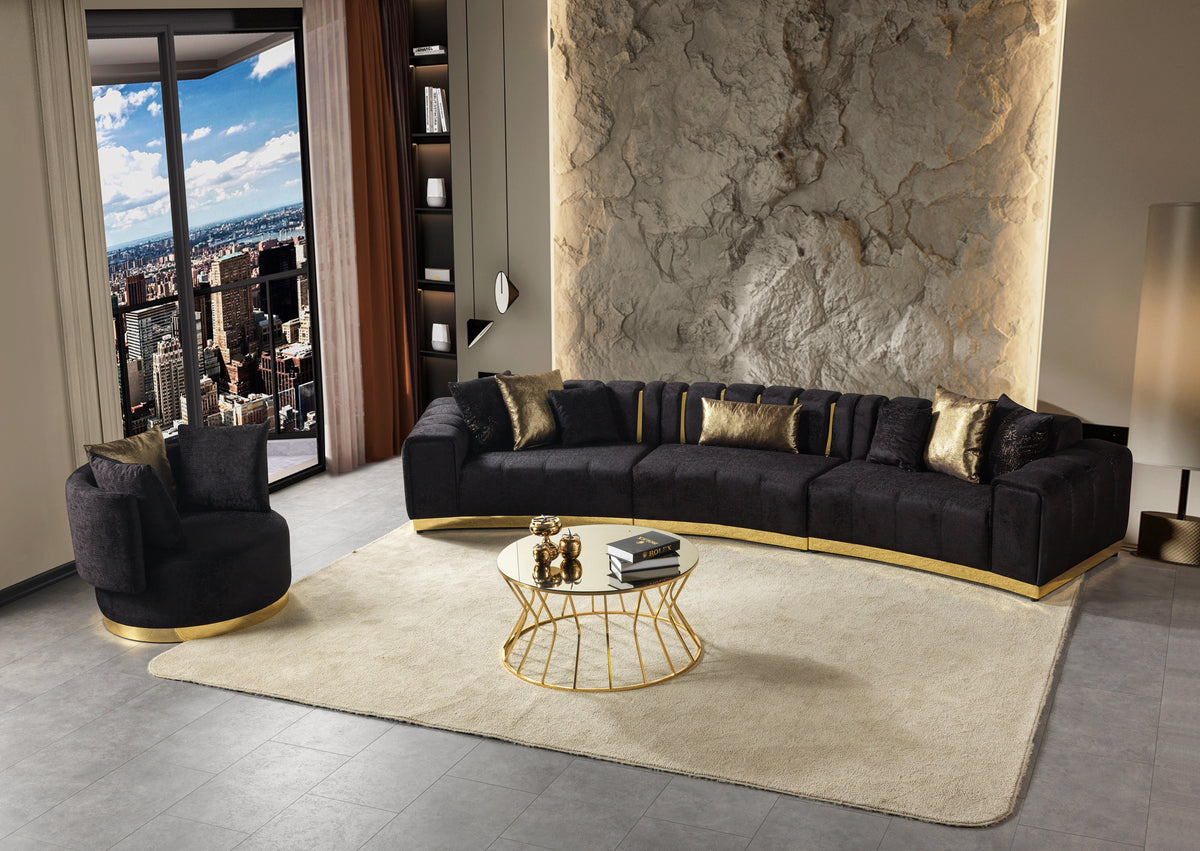 Close-up detail of black velvet upholstery on sectional sofa