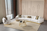 Detail view showing texture of ivory velvet upholstery on the sectional sofa
