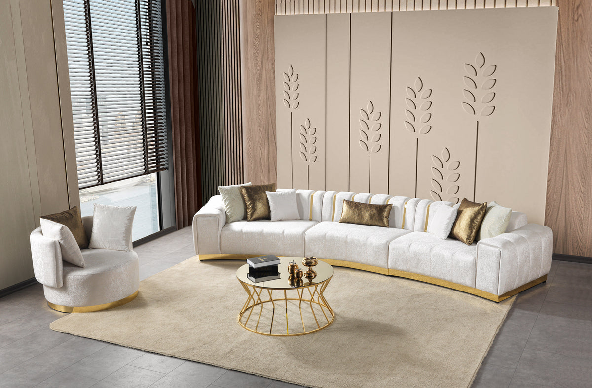 Detail view showing texture of ivory velvet upholstery on the sectional sofa