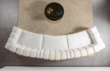 Close-up detail of fabric and cushions on the sectional sofa