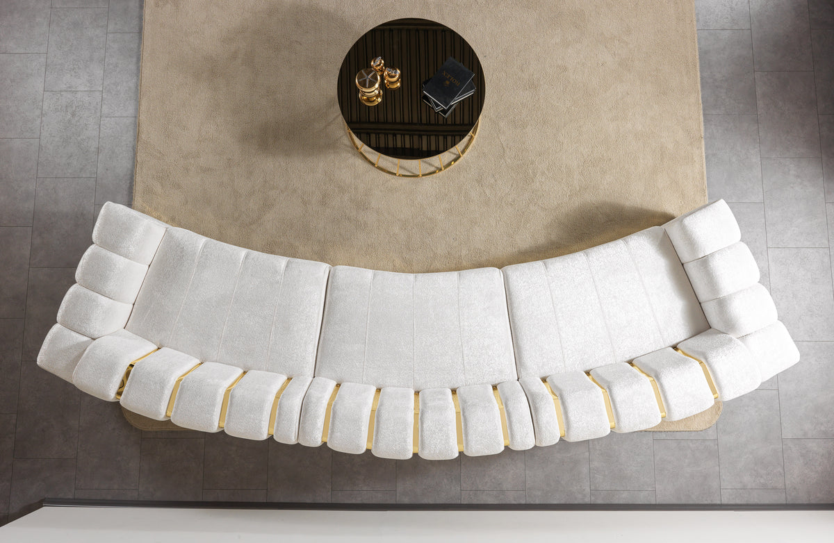 Close-up detail of fabric and cushions on the sectional sofa