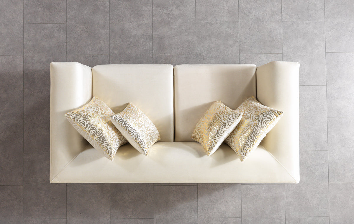 Cozy ivory velvet loveseat corner view